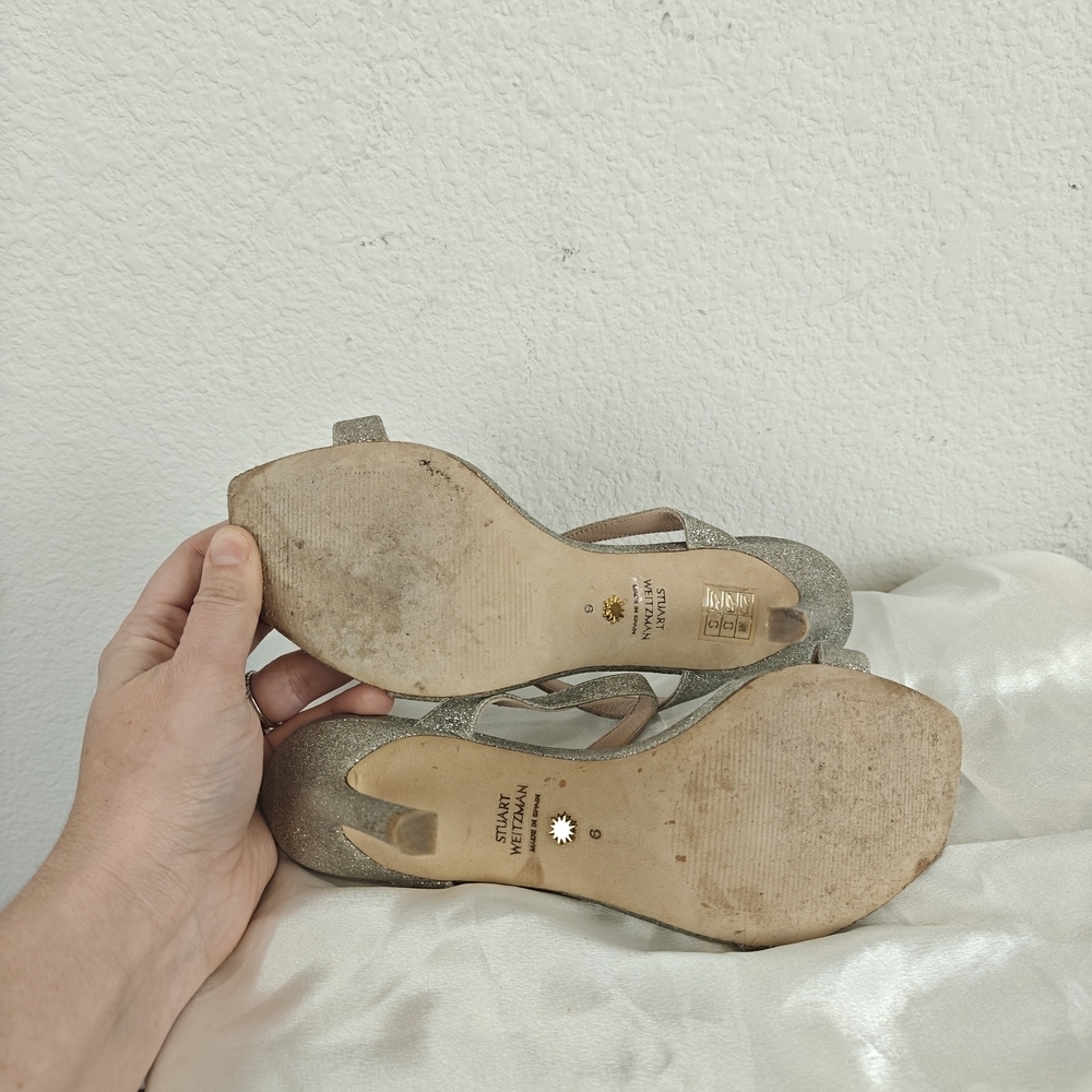 Stuart Weitzman Aleena 75 Silver Glitter Sandal Heels, Size 6 Womens - Picture 10 of 11